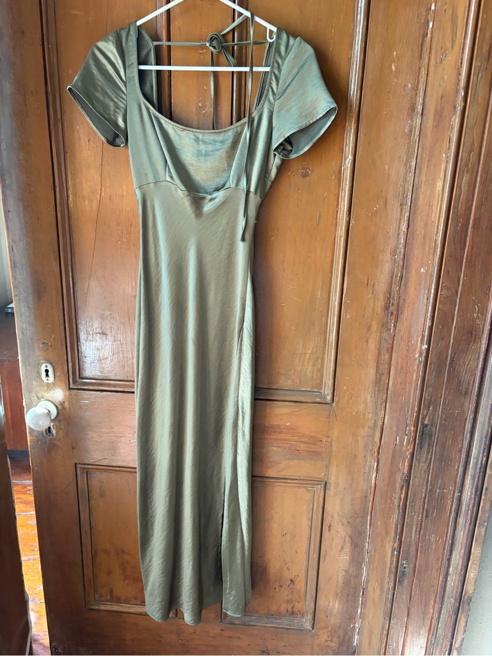 Satin Olive Midi Dress with Scoop Neck and Short Sleeves